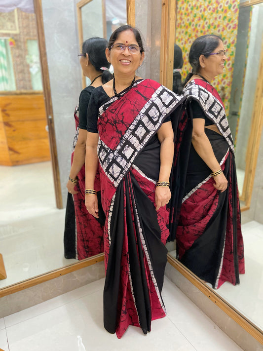 Cotton black n red batik print saree