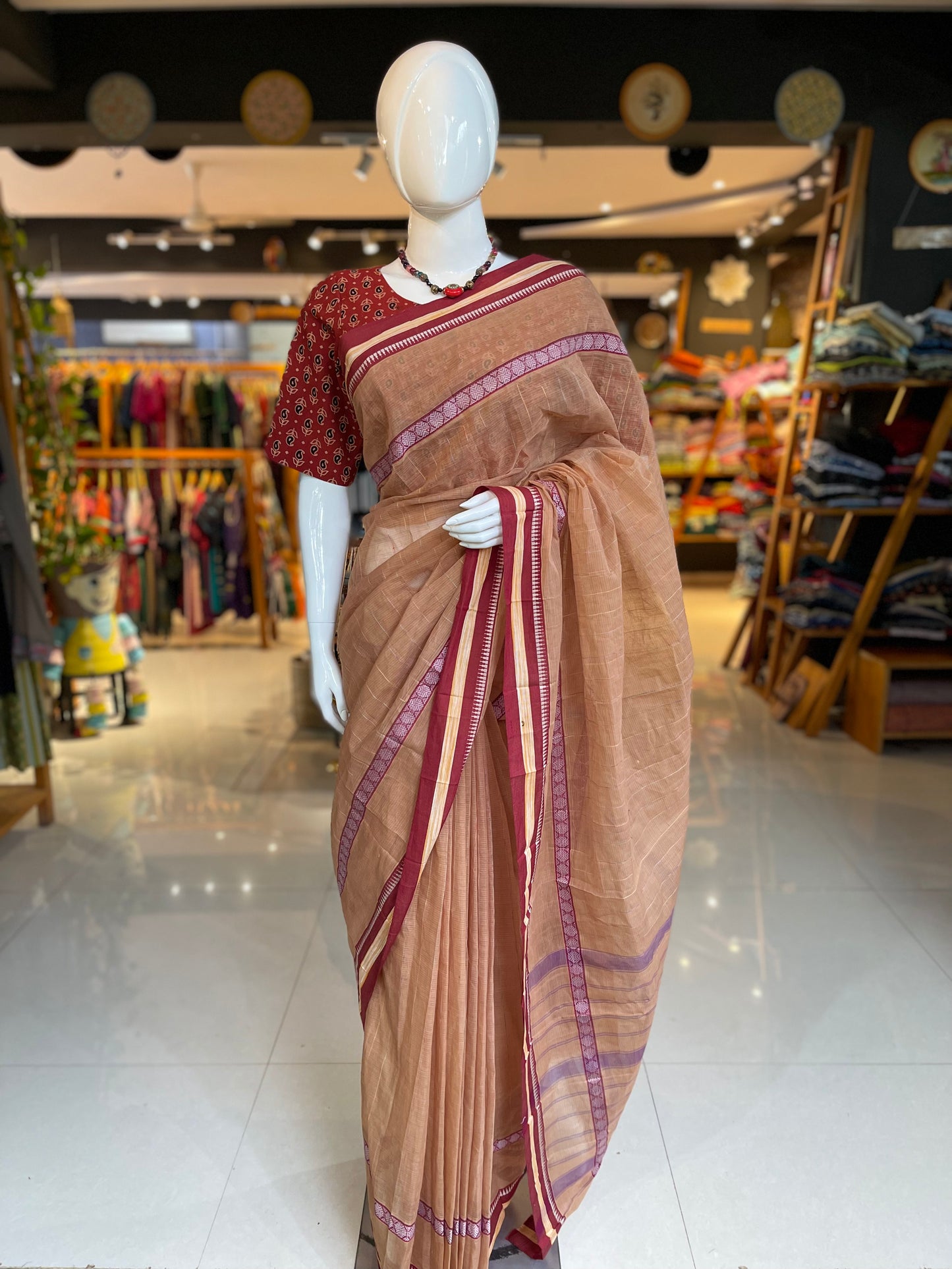 Chikkoo shade handwoven checks cotton saree