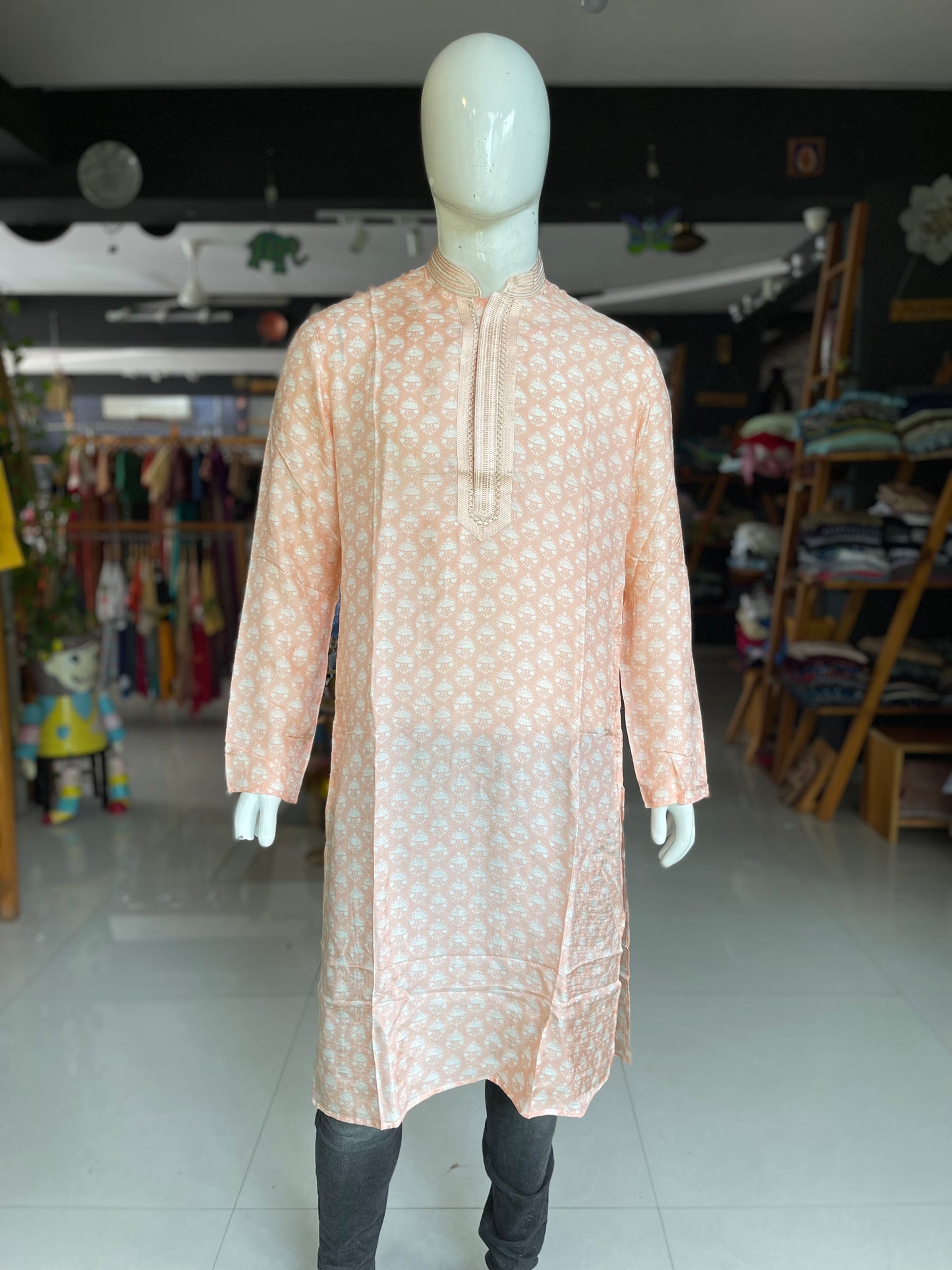 Peach full sleeves long embroidered kurta for men