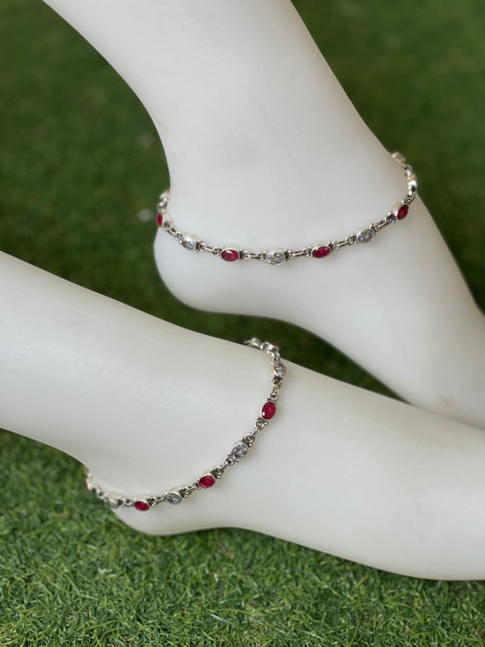 Pink and white oval stones 92.5 sterling silver anklets pair