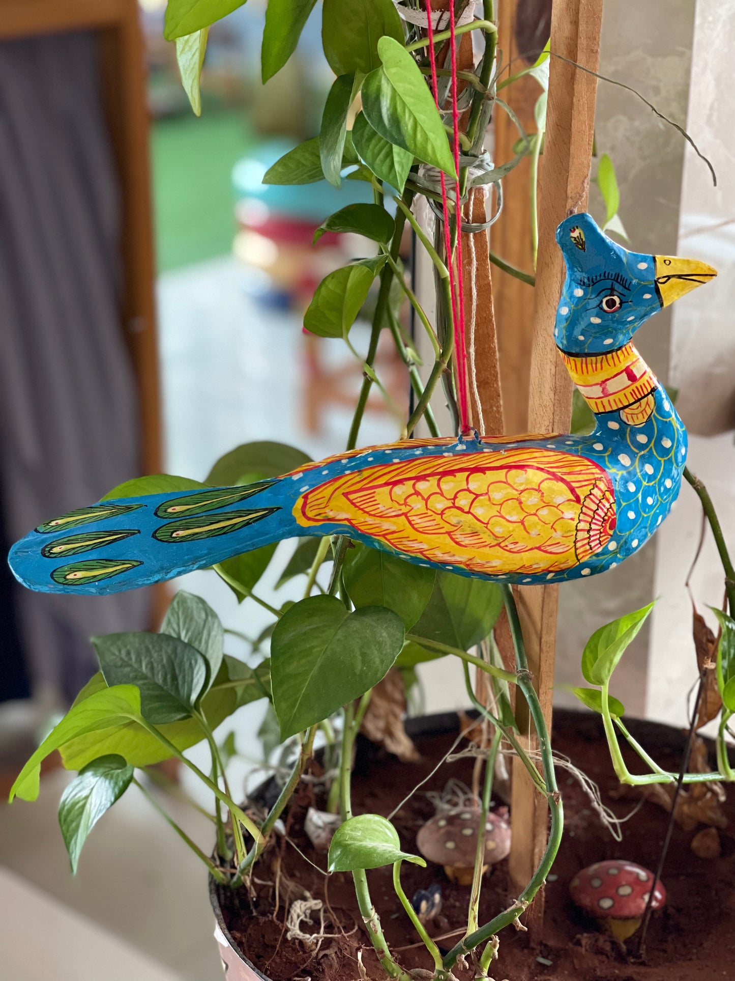 Colourful Papier mache patachitra hand painted bird hanging - big