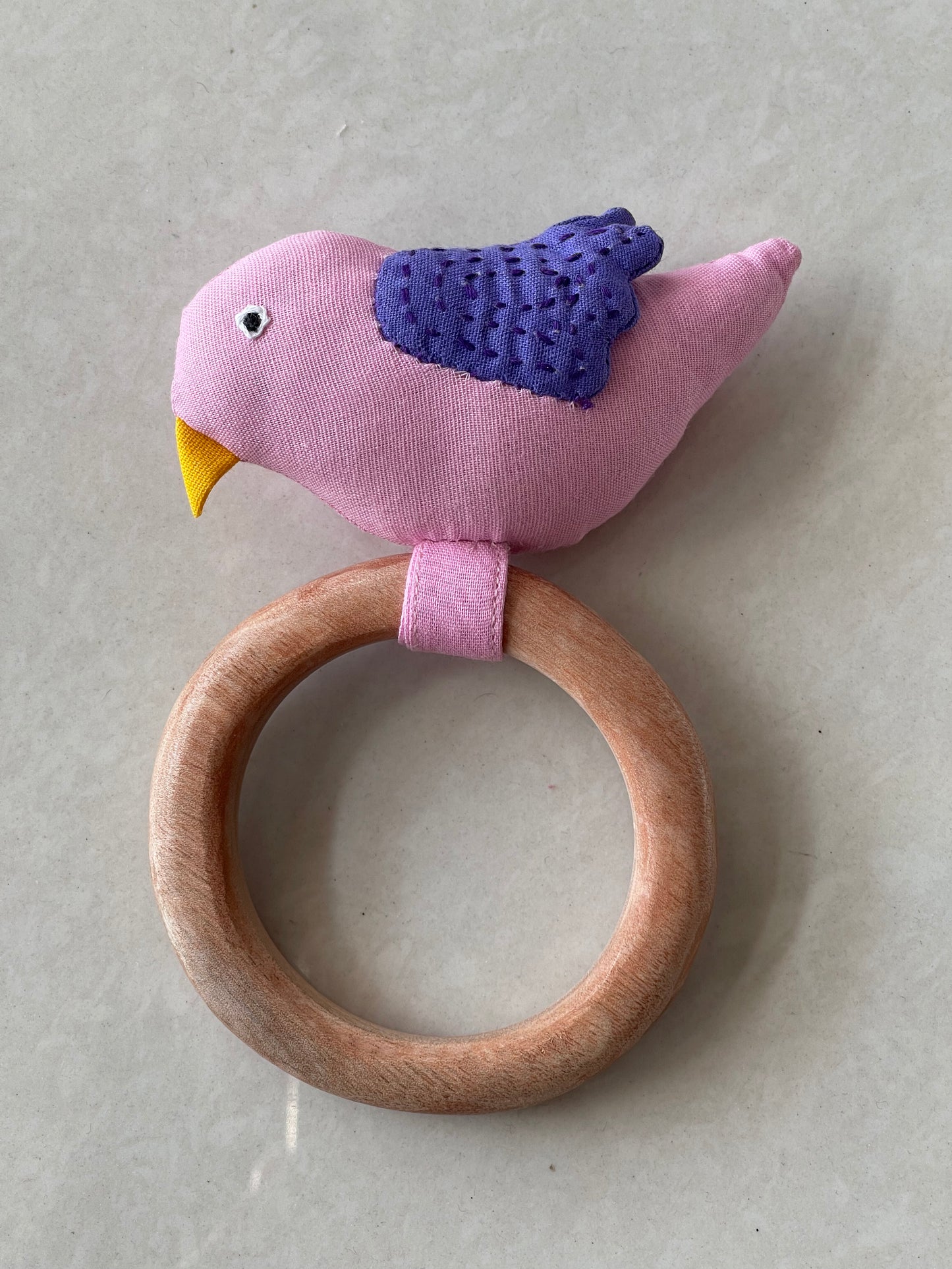 Cute cotton fabric kapok filled bird rattle with wooden ring