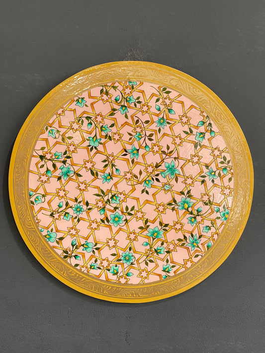 Pastel pink base floral fine Kashmiri hand painted wooden wall plate