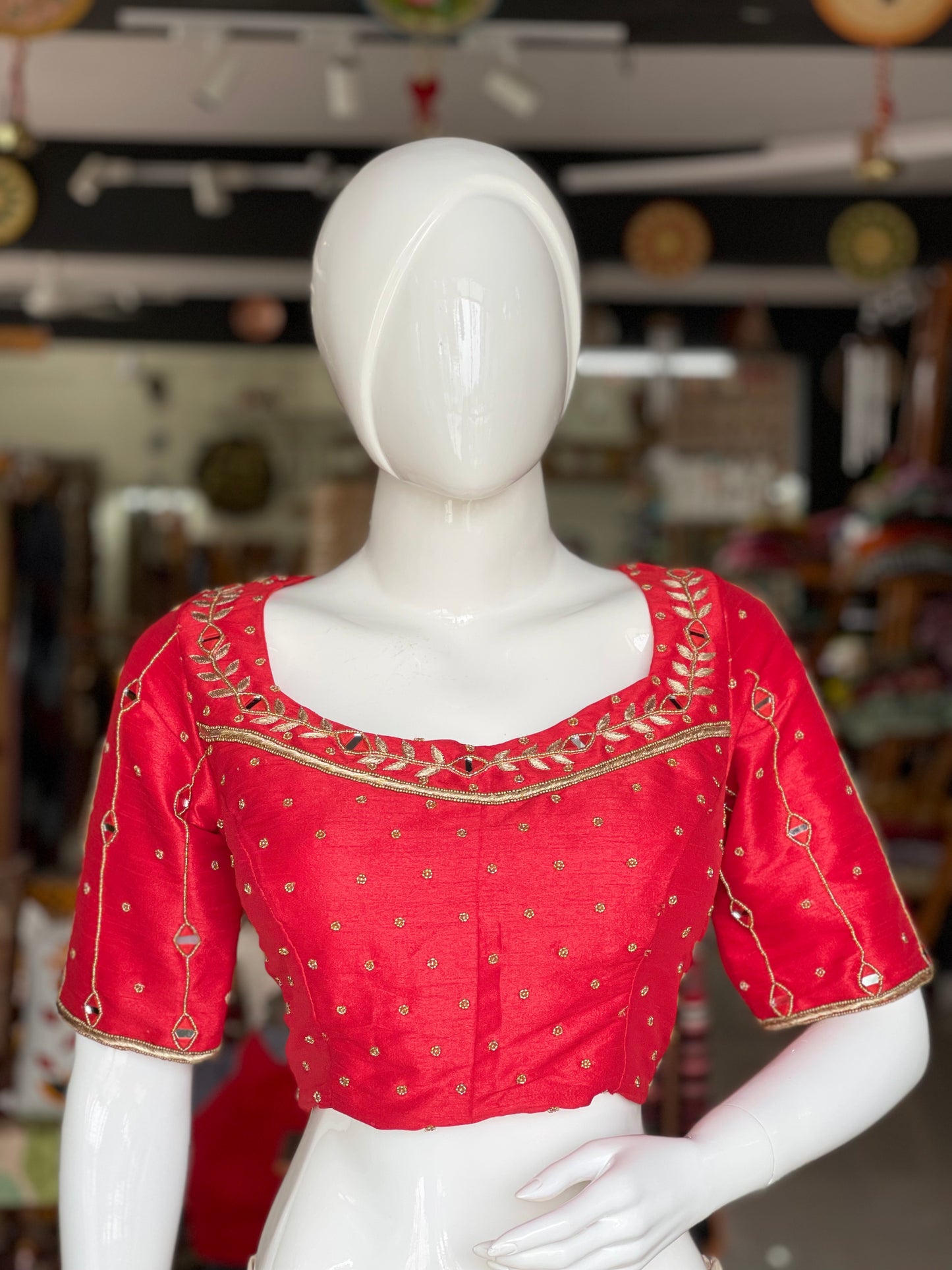 Red mirror work silk blouse with neck, body and sleeves work