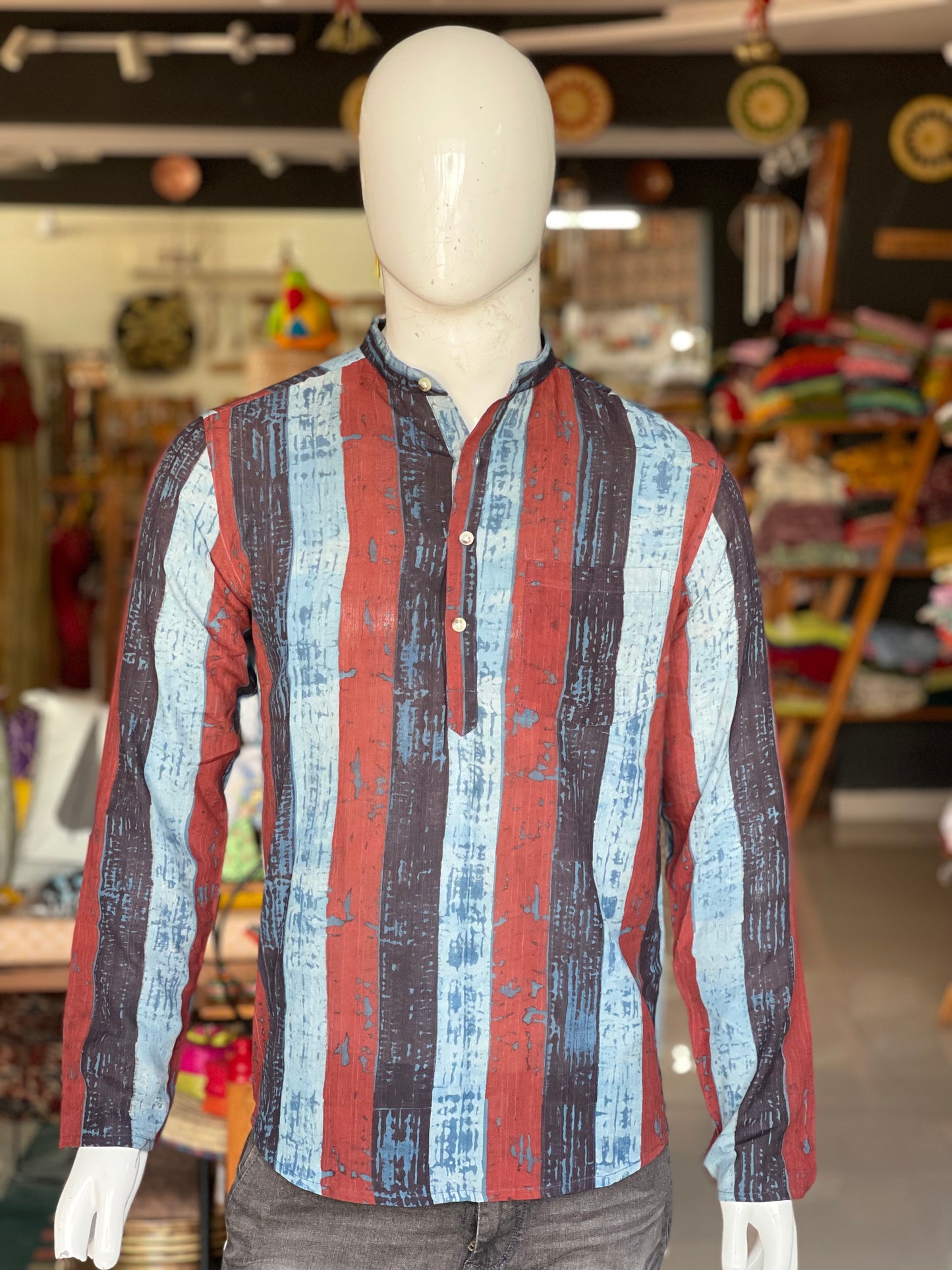 Blue and rust stripes hand block printed handloom full sleeves short kurta for men