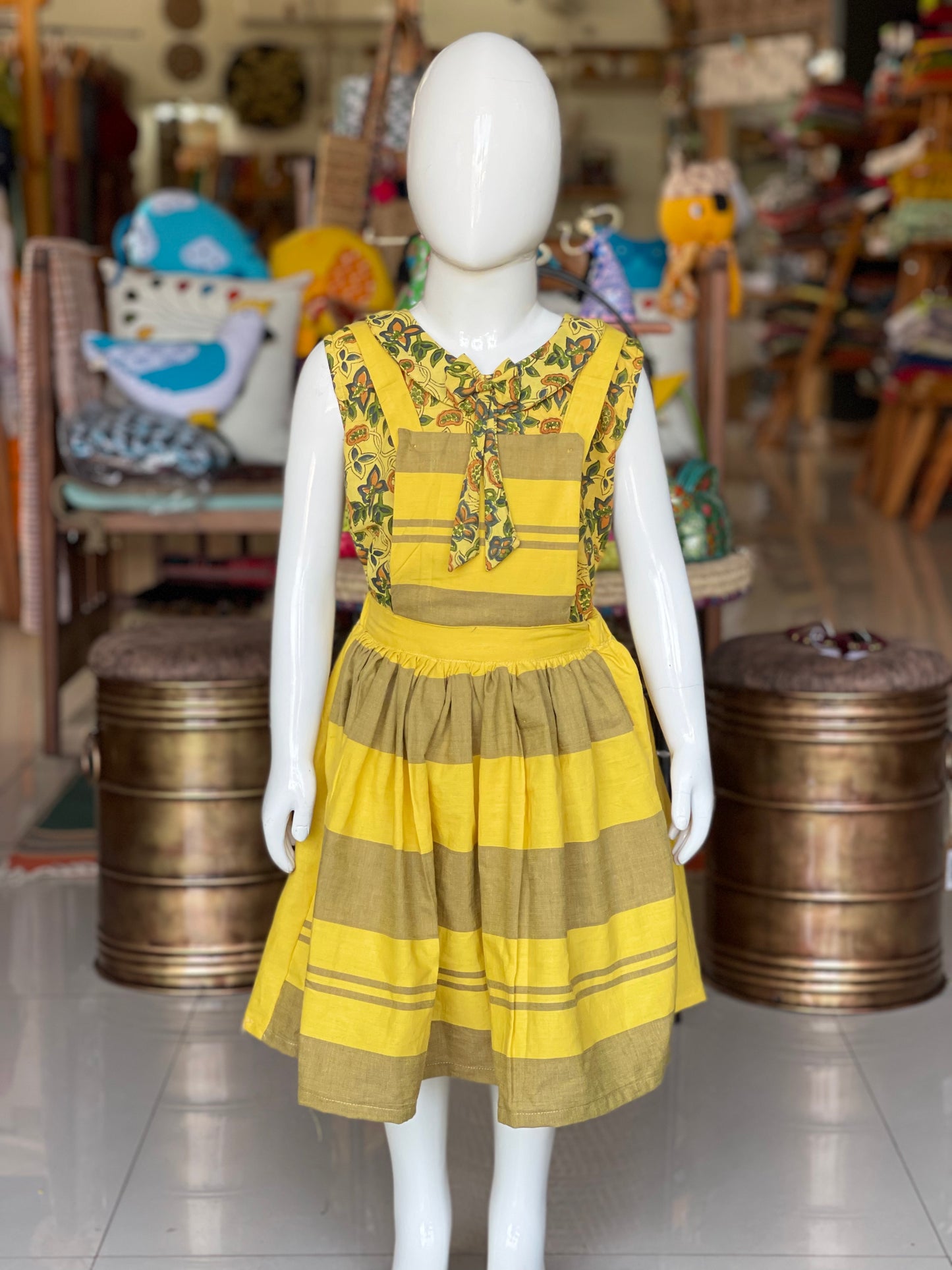 Yellow cotton suspenders skirt with floral hand block printed sleeveless top - coord set