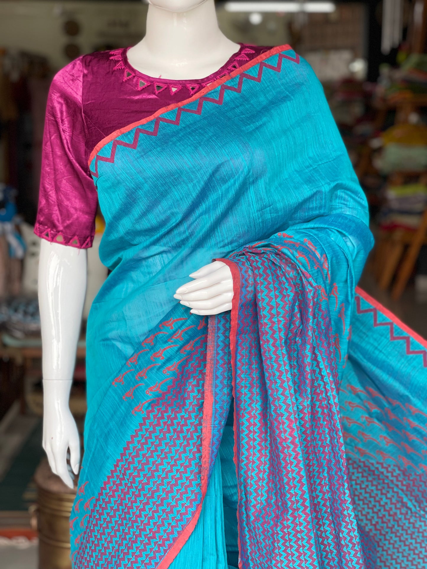 Blue and pink birds and zigzag hand block printed silk cotton designer saree