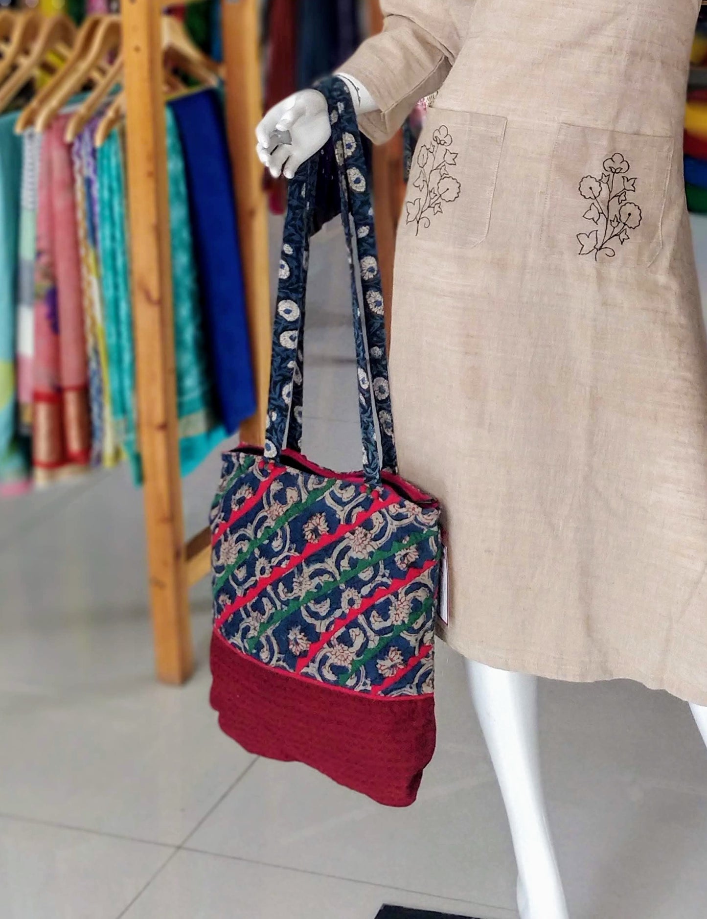 Cotton indigo kalamkari lace bag