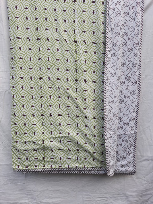 Green and white hand block printed king size comforter