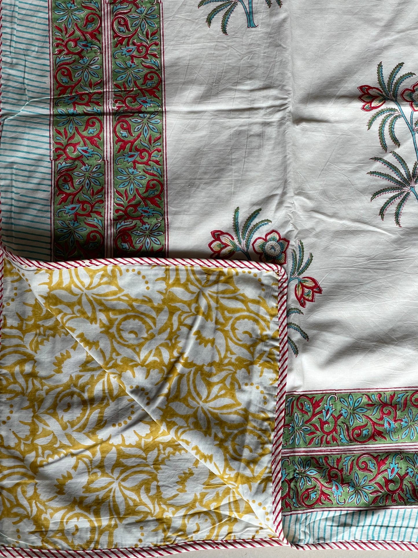 Mustard and white floral hand block printed single reversible comforter