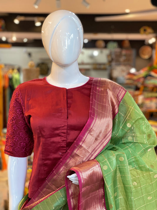 Maroon silk cotton long blouse with pink chikankari hand embroidery