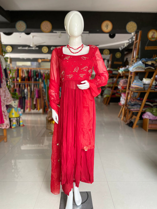 Bright red birds embroidered long top with pants and dupatta set