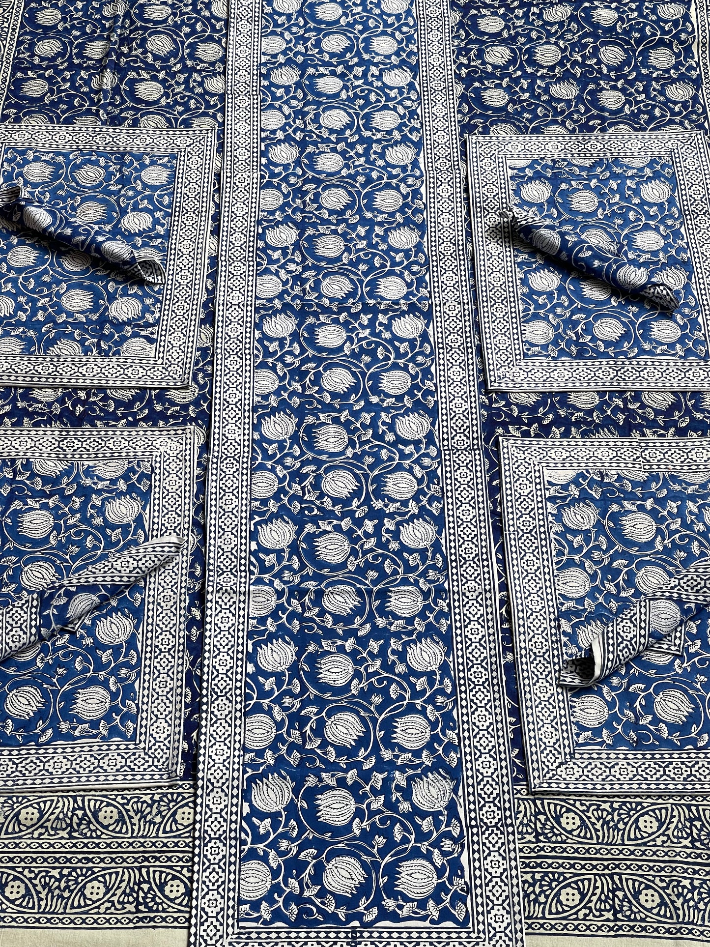 Blue floral hand block printed table cover, runner, 6 place mats and napkins set