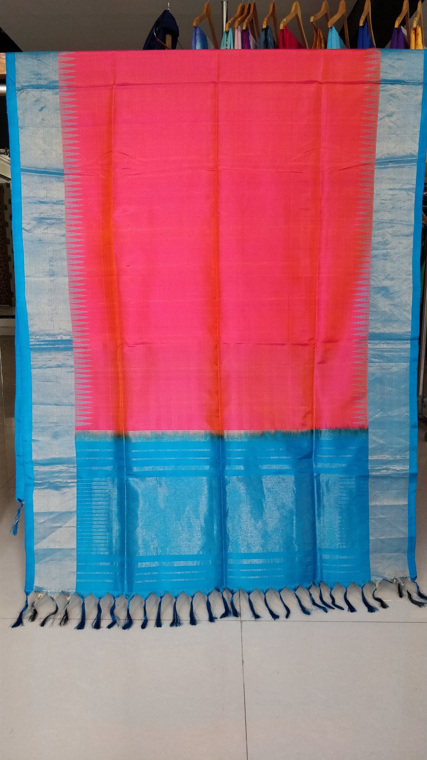Peachish pink and blue gadwal silk handloom dupatta