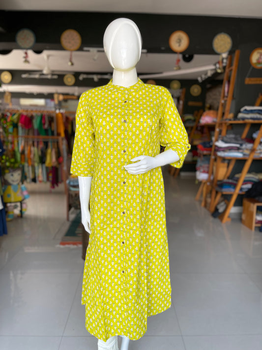 Lime green A-line cotton Kurti with pockets
