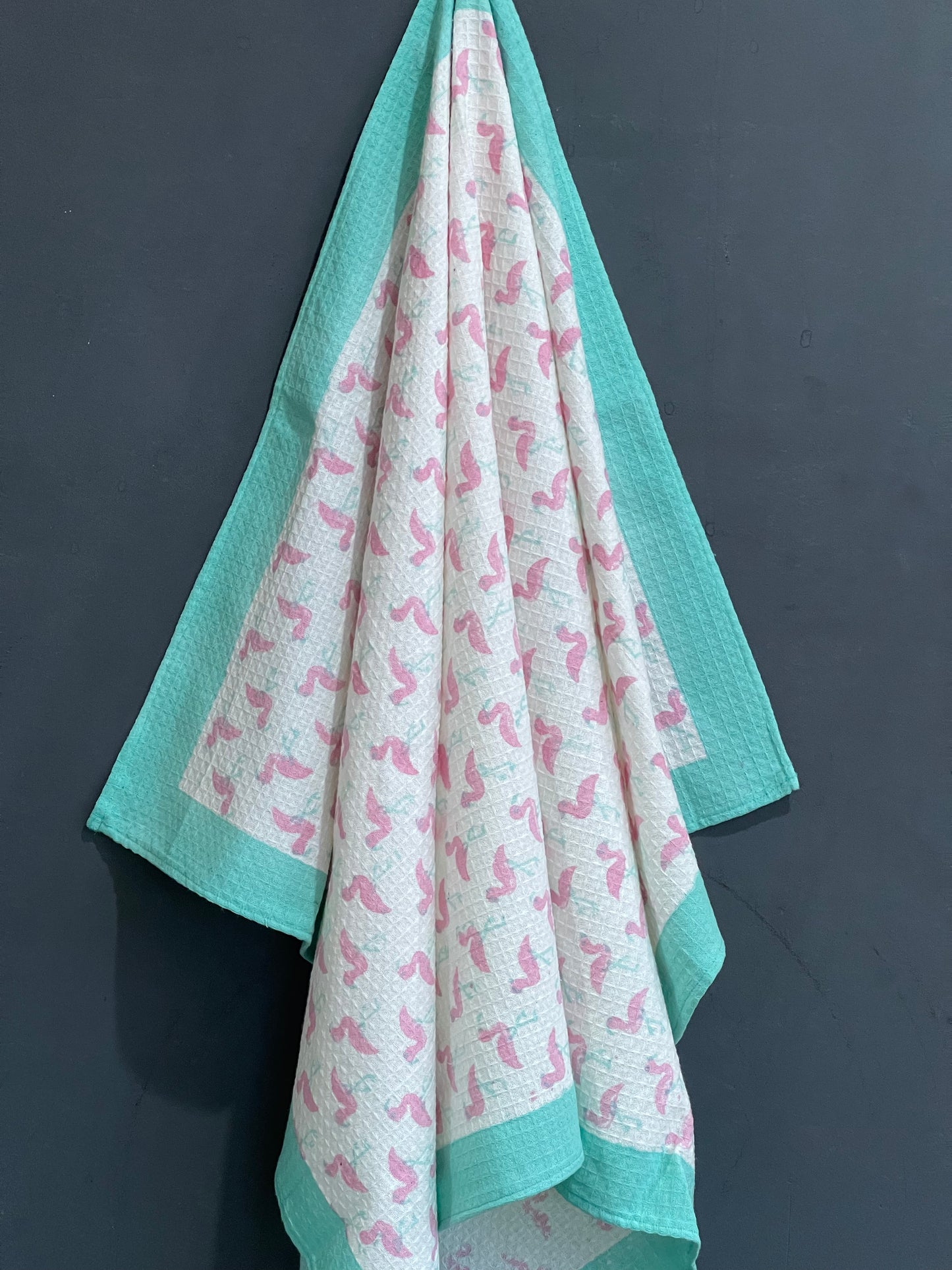 Cute flamingoes hand block printed cotton bath towel