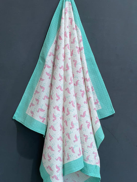 Cute flamingoes hand block printed cotton bath towel