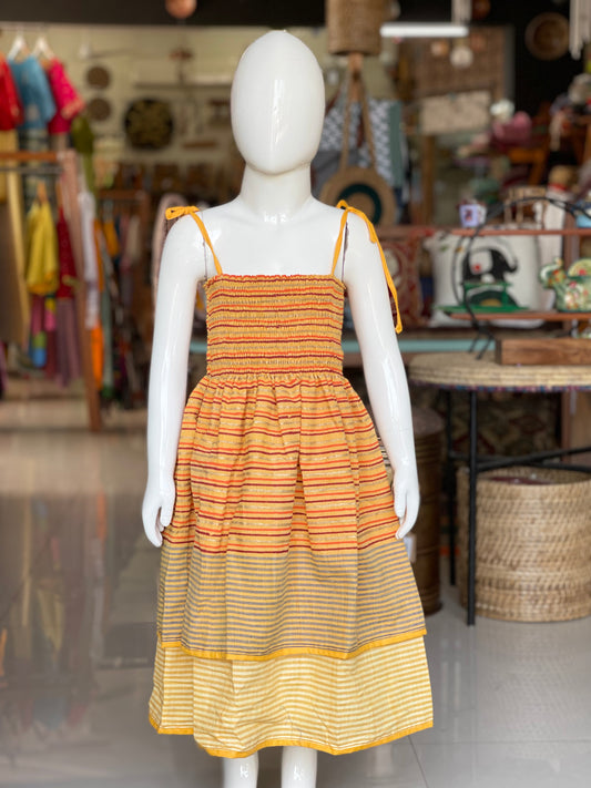 Mustard Cotton layered stripes bustier dress for girls with noodle strap sleeves