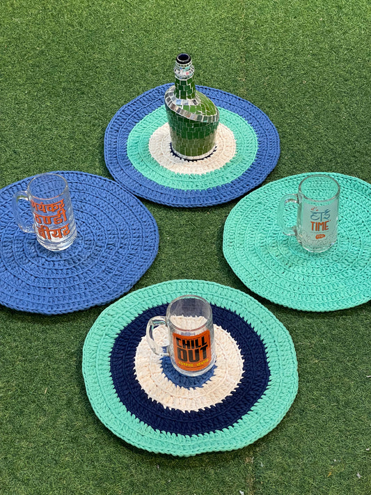 Set of 4 Green, blue and white handwoven upcycled knitted cotton place mats