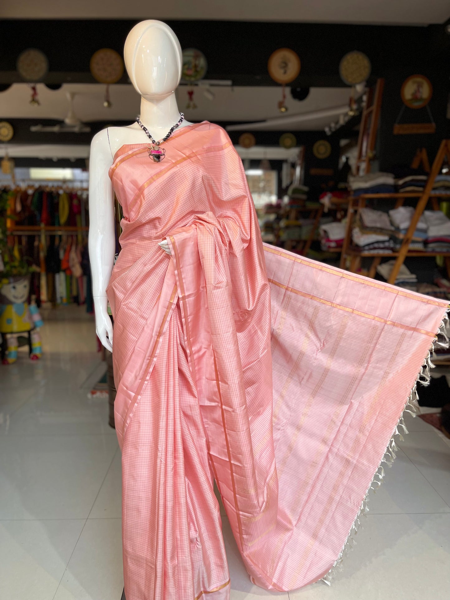 Light pink small checks pure silk handloom kanjeevaram pattu saree