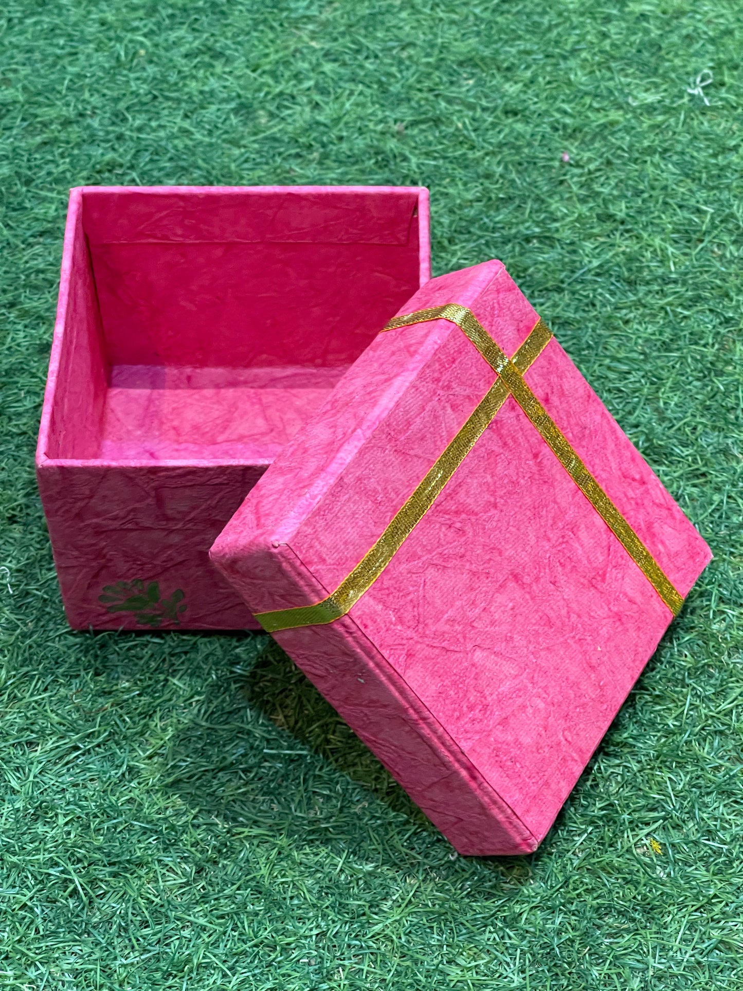 Pink block printed hand made paper gift box - 4 x 4 x 3 inches size