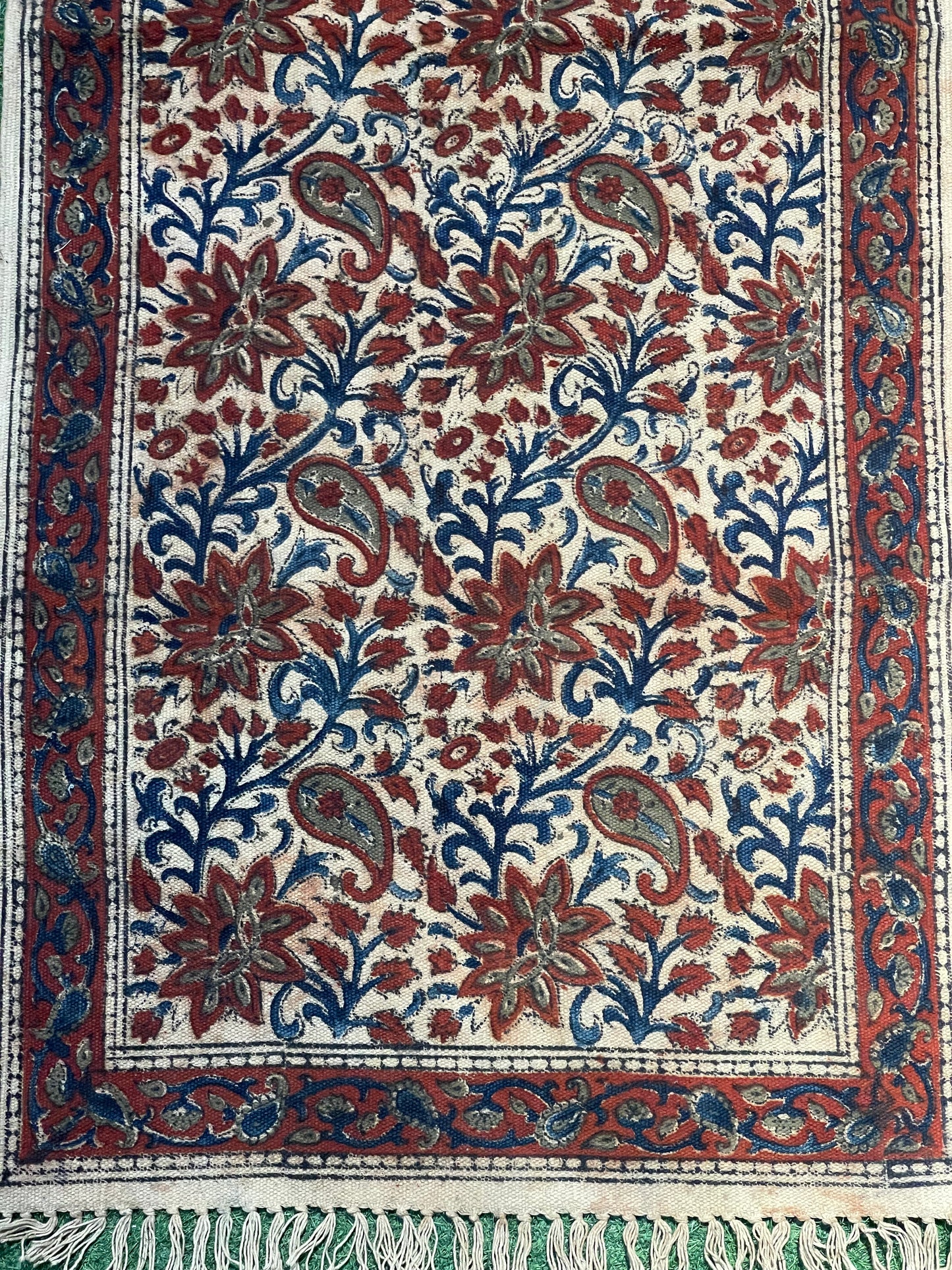 Flowers and paisleys cotton Kalamkari hand block printed runner carpet 2 x 5 ft