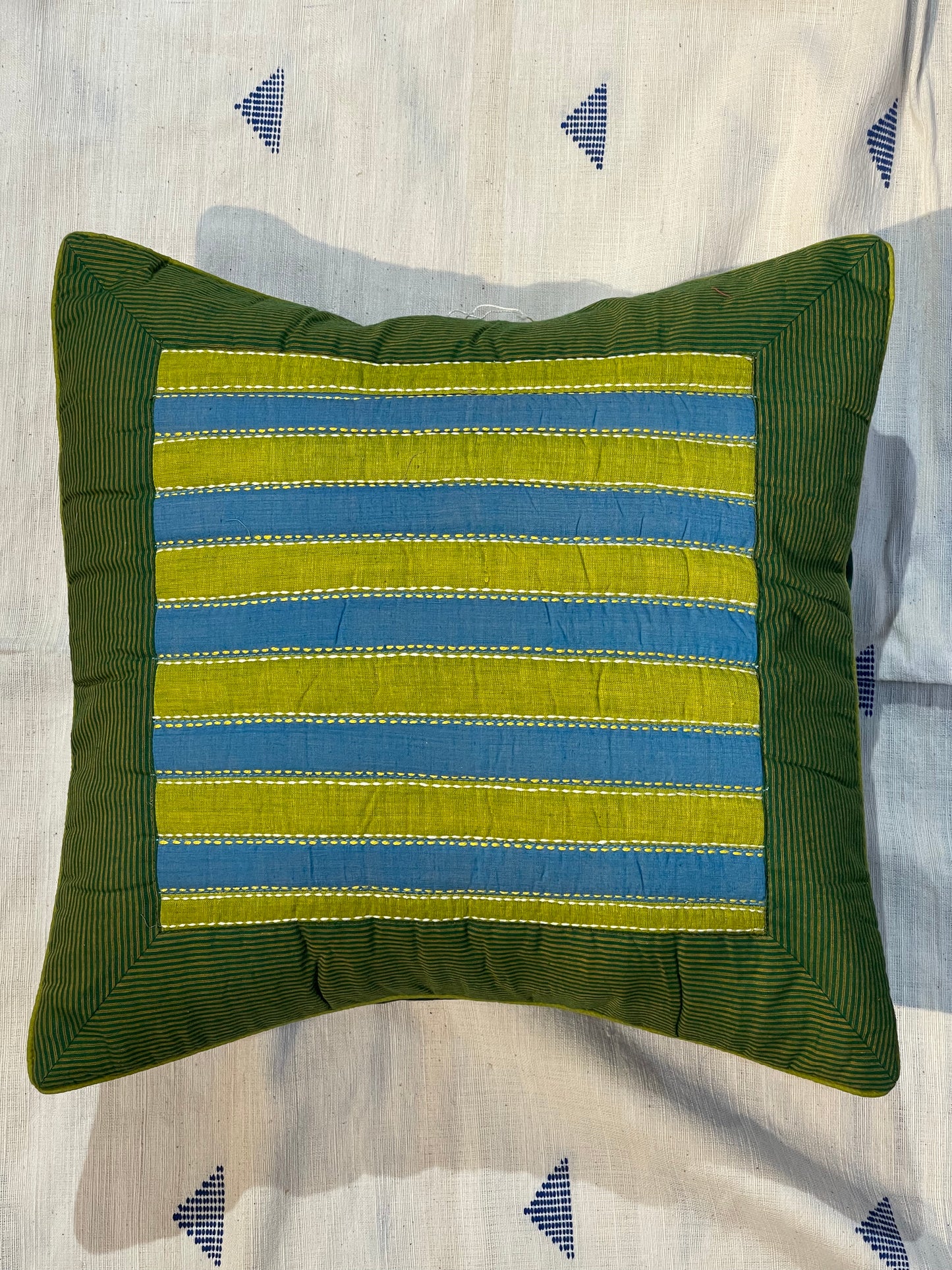 Dark green handloom cotton stripes patch cushion cover
