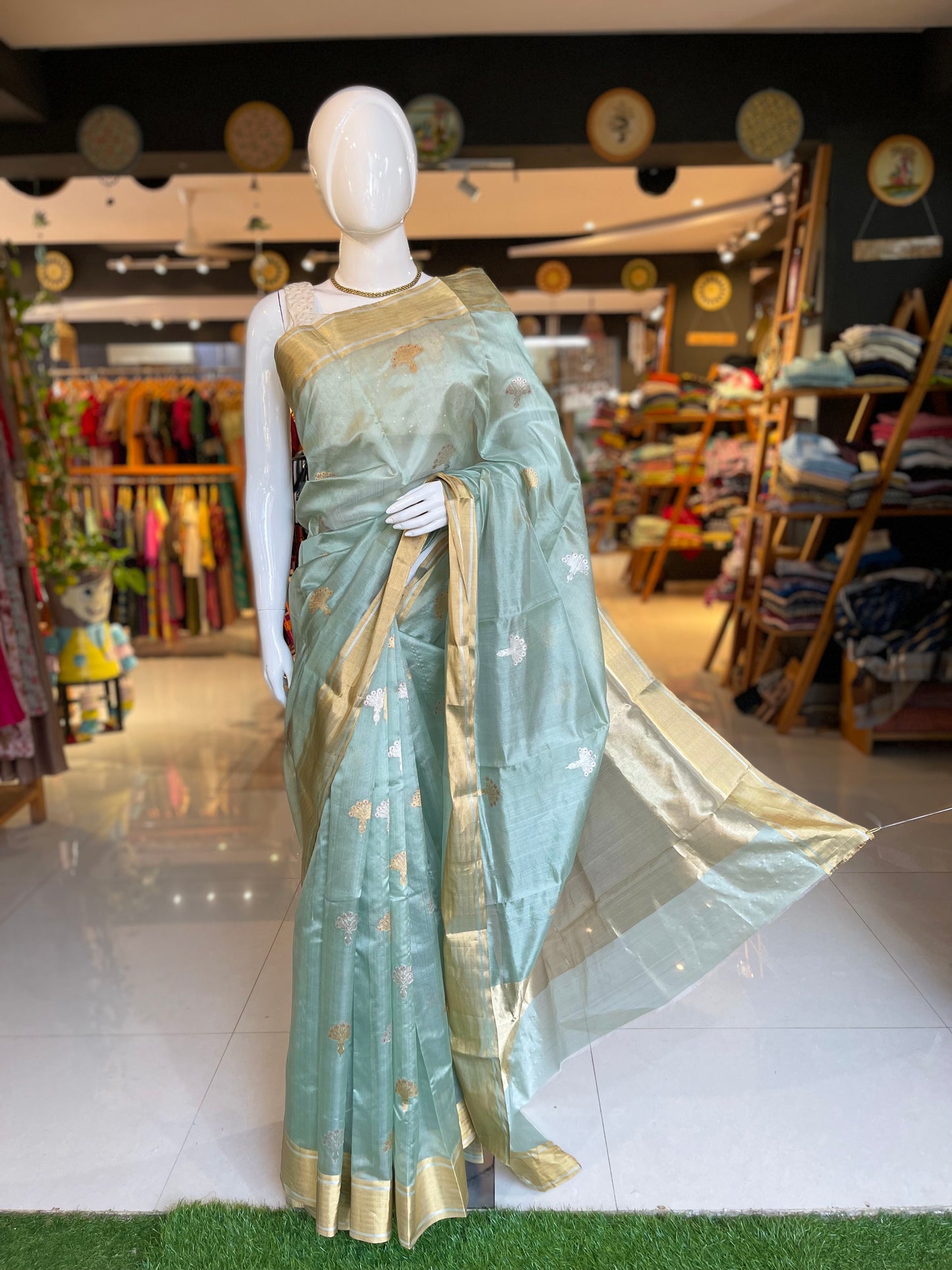 Pastel green Chanderi pure silk handwoven eknaliya buti saree