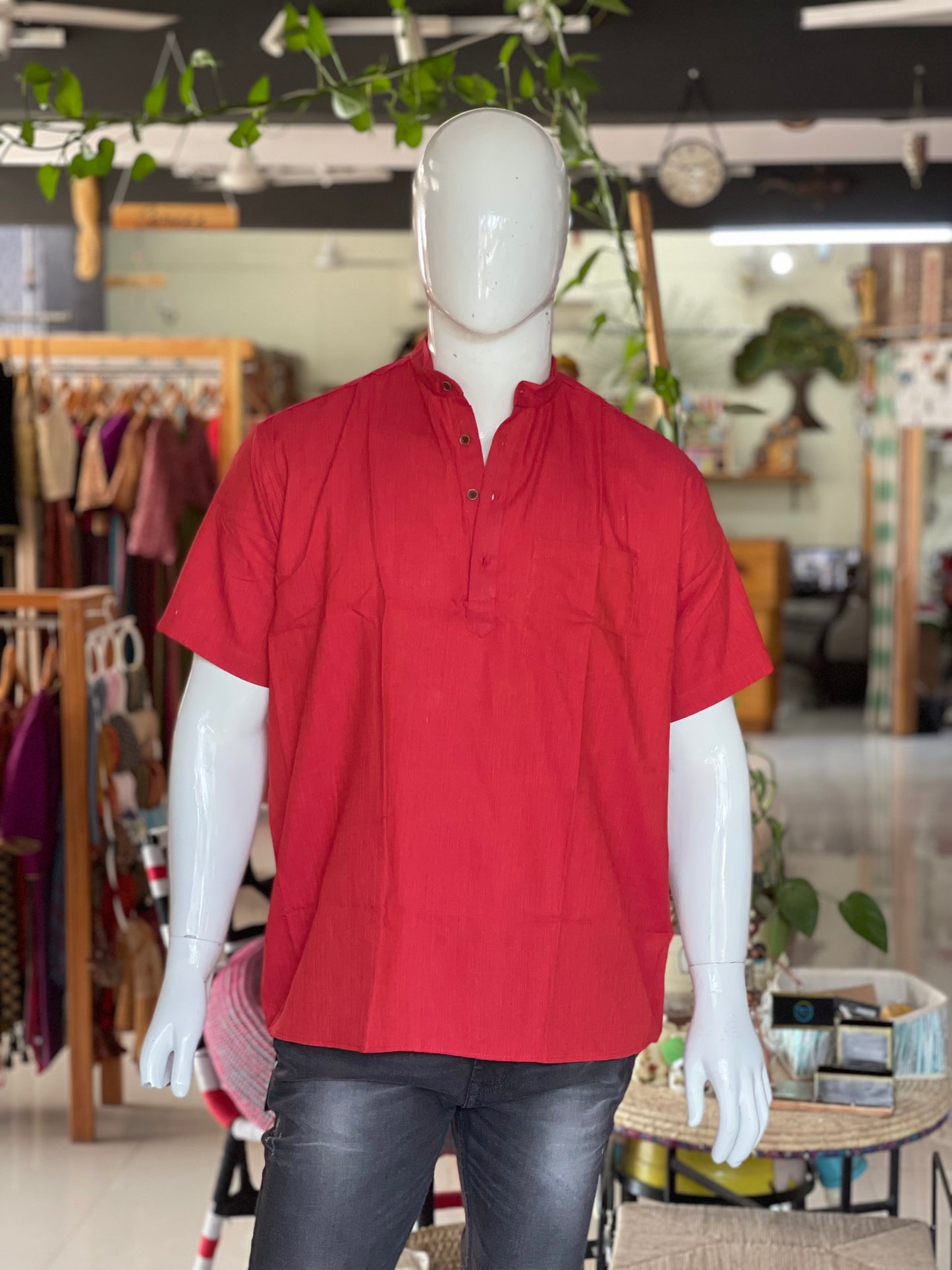 Red cotton half sleeves short kurta