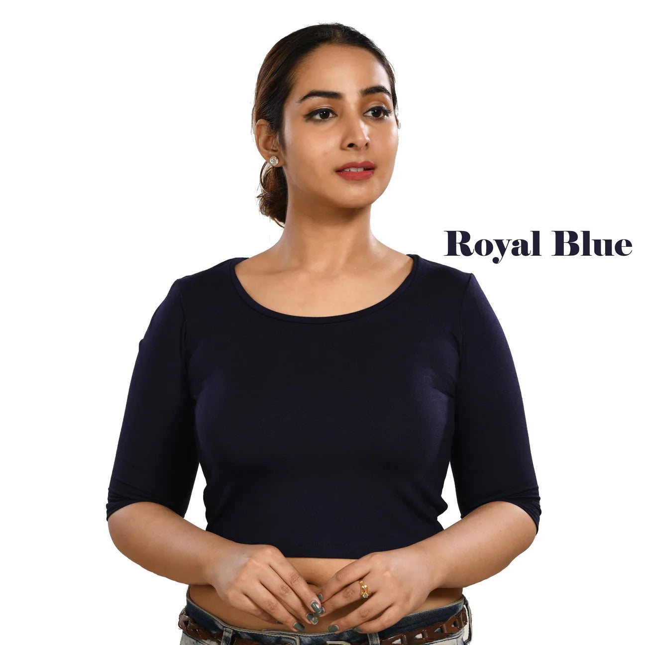 Stretchable elbow sleeves plus size plain blouse