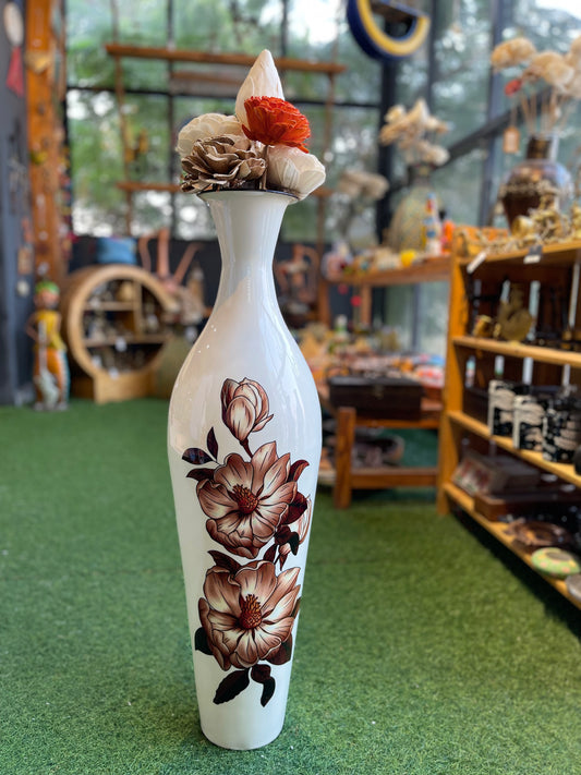 White 2.5 ft (30 inches) long metal vase with brown flowers printed