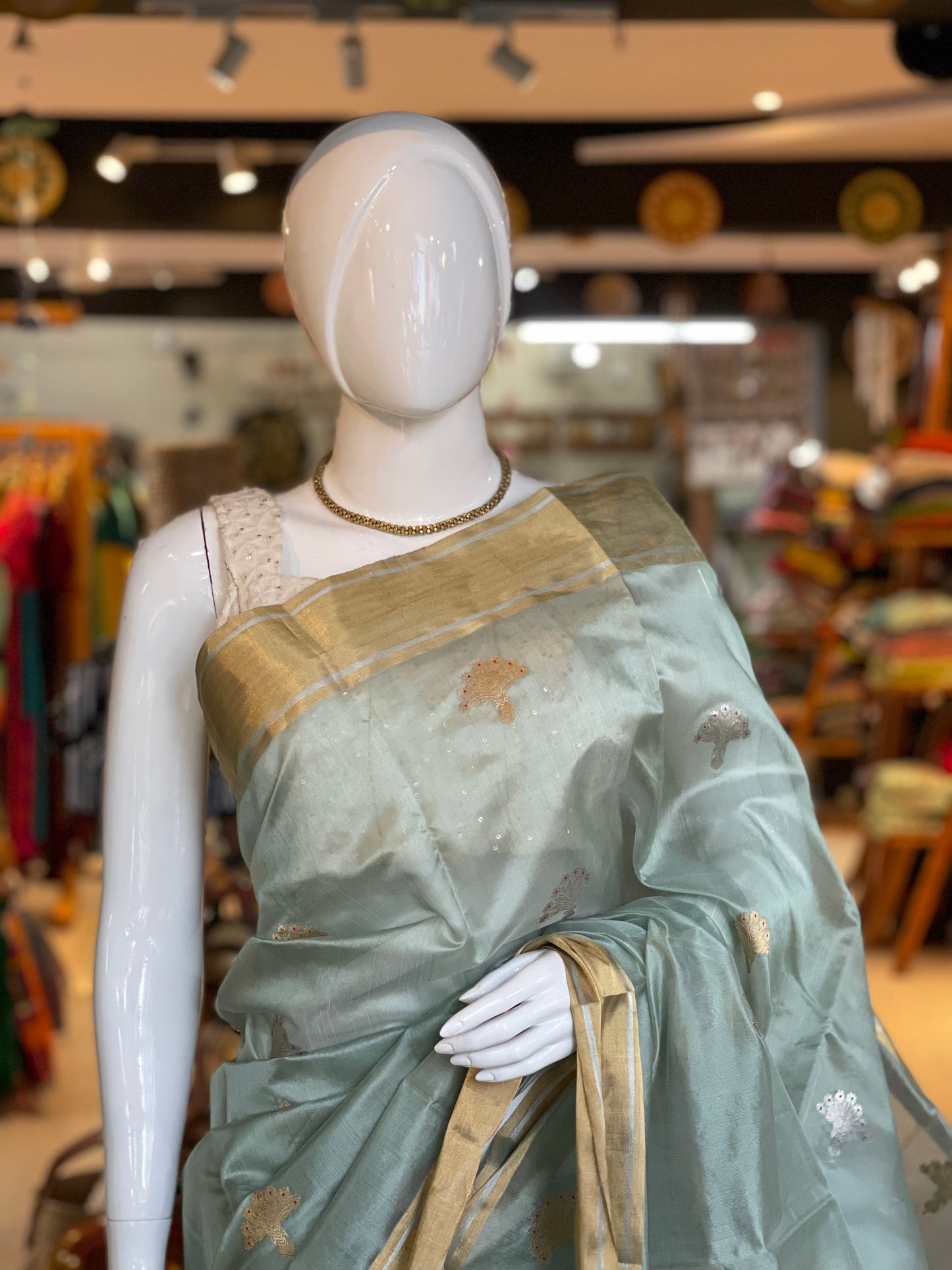 Pastel green Chanderi pure silk handwoven eknaliya buti saree