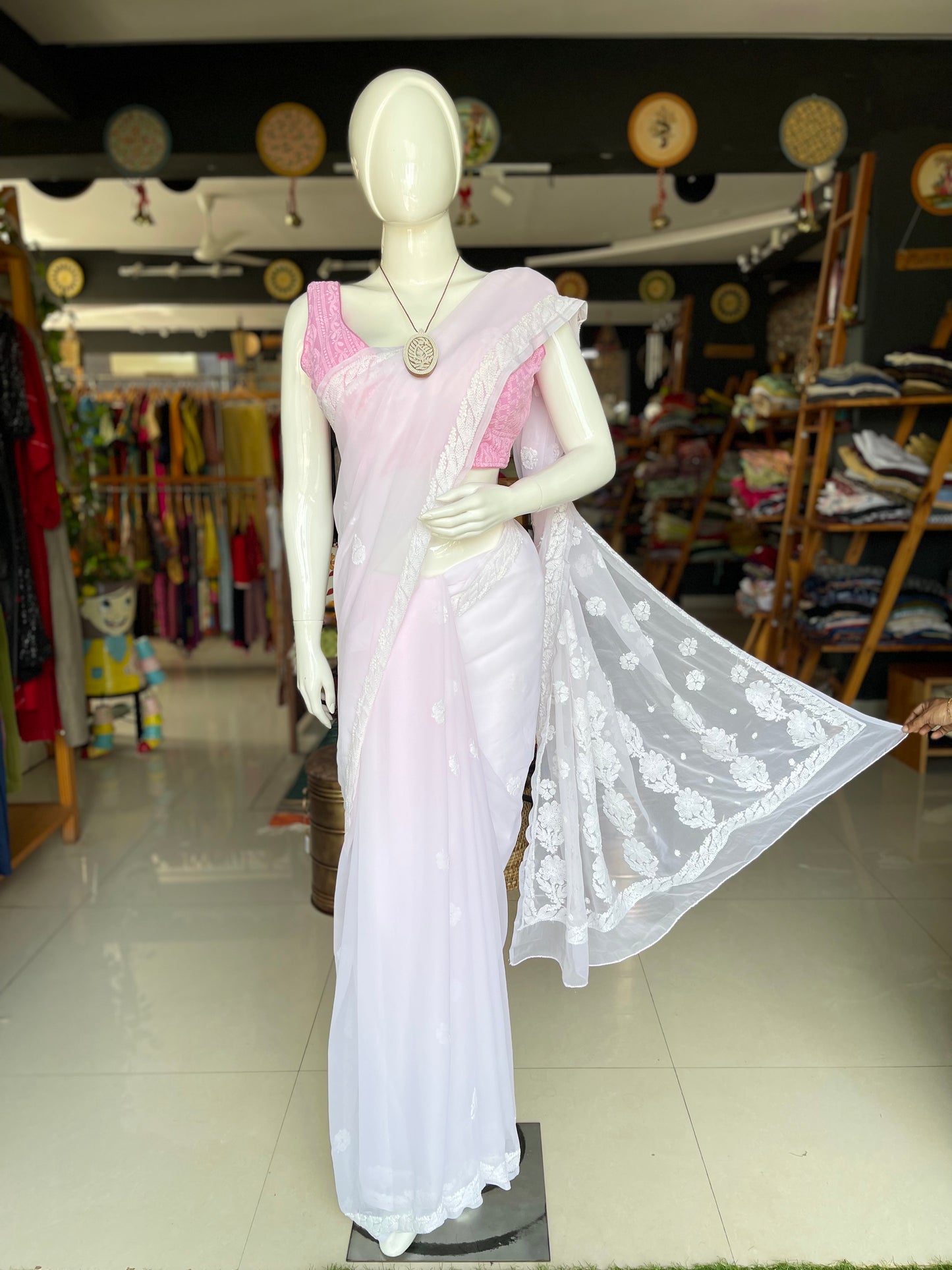 Baby pink Georgette hand embroidered chikankari saree