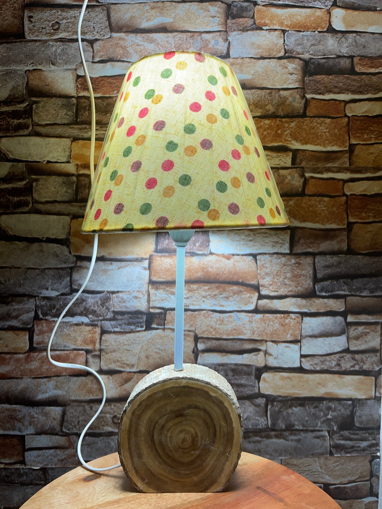 Polka dots lamp shade with wooden base