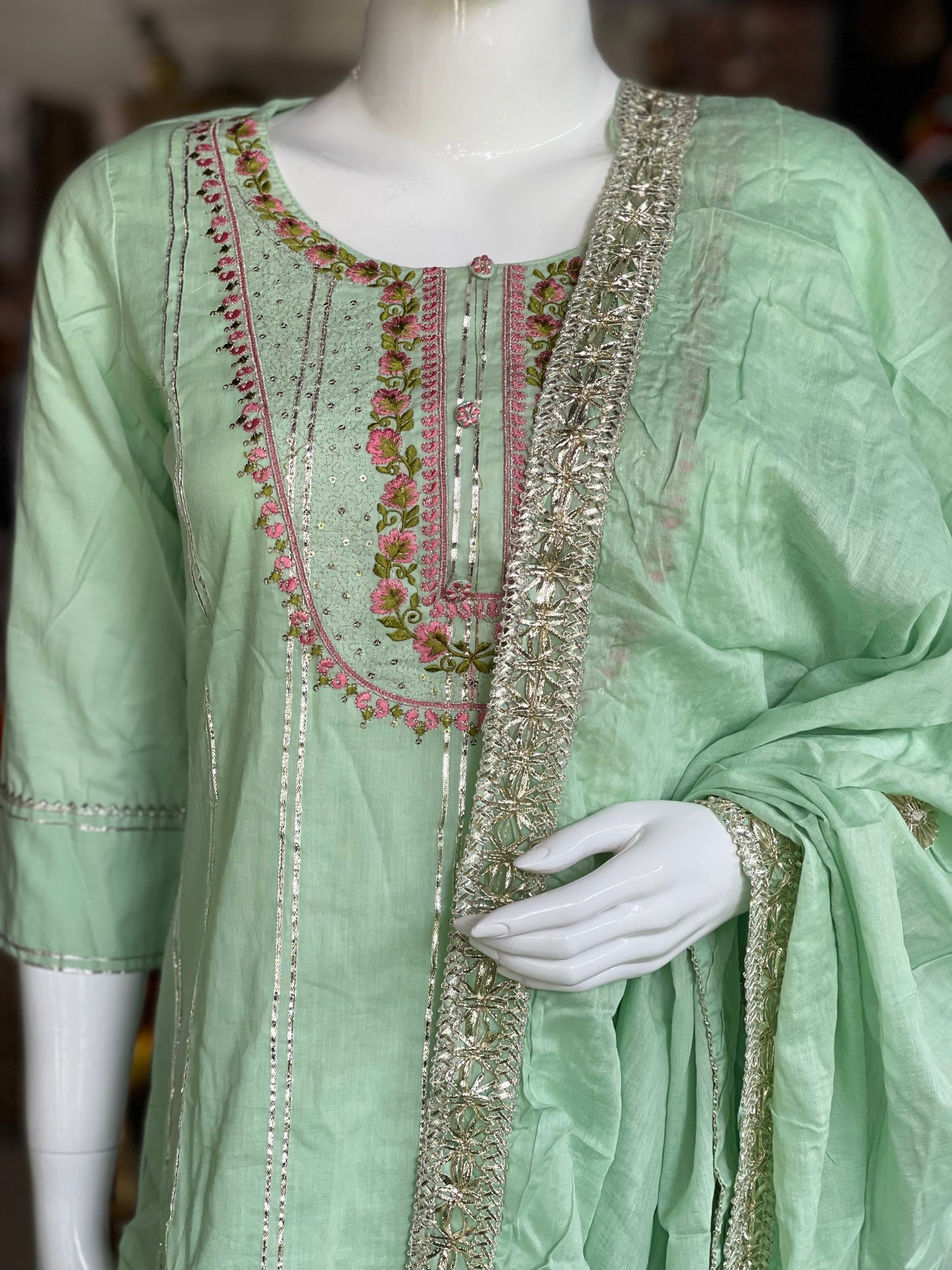 Pastel green cotton 3 piece set with gota embroidery