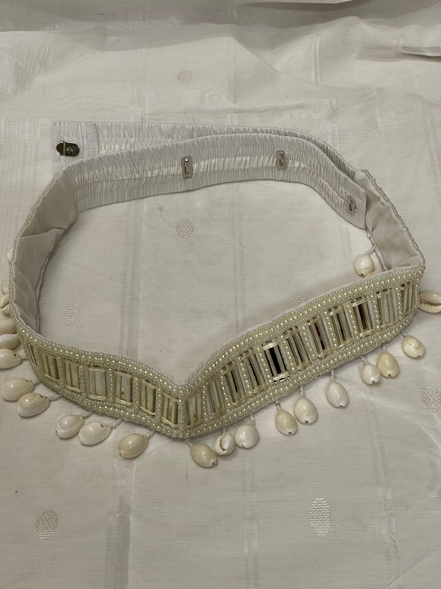 Cream mirrors and beads work belt with cowries - rectangle