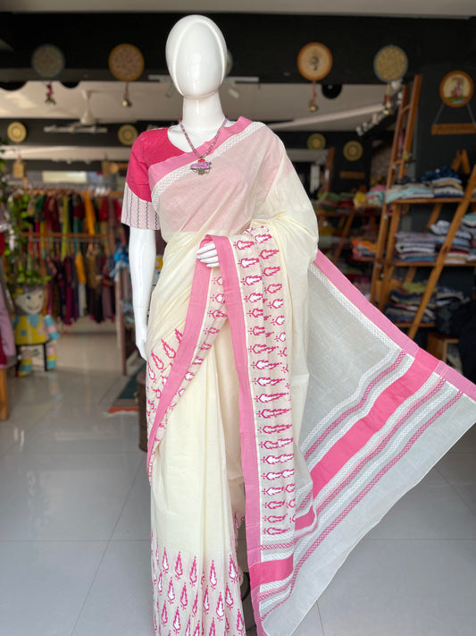 Off white and pink handblock printed cotton designer saree