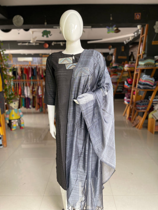 Grey silk cotton handloom Mangalagiri missing checks dupatta