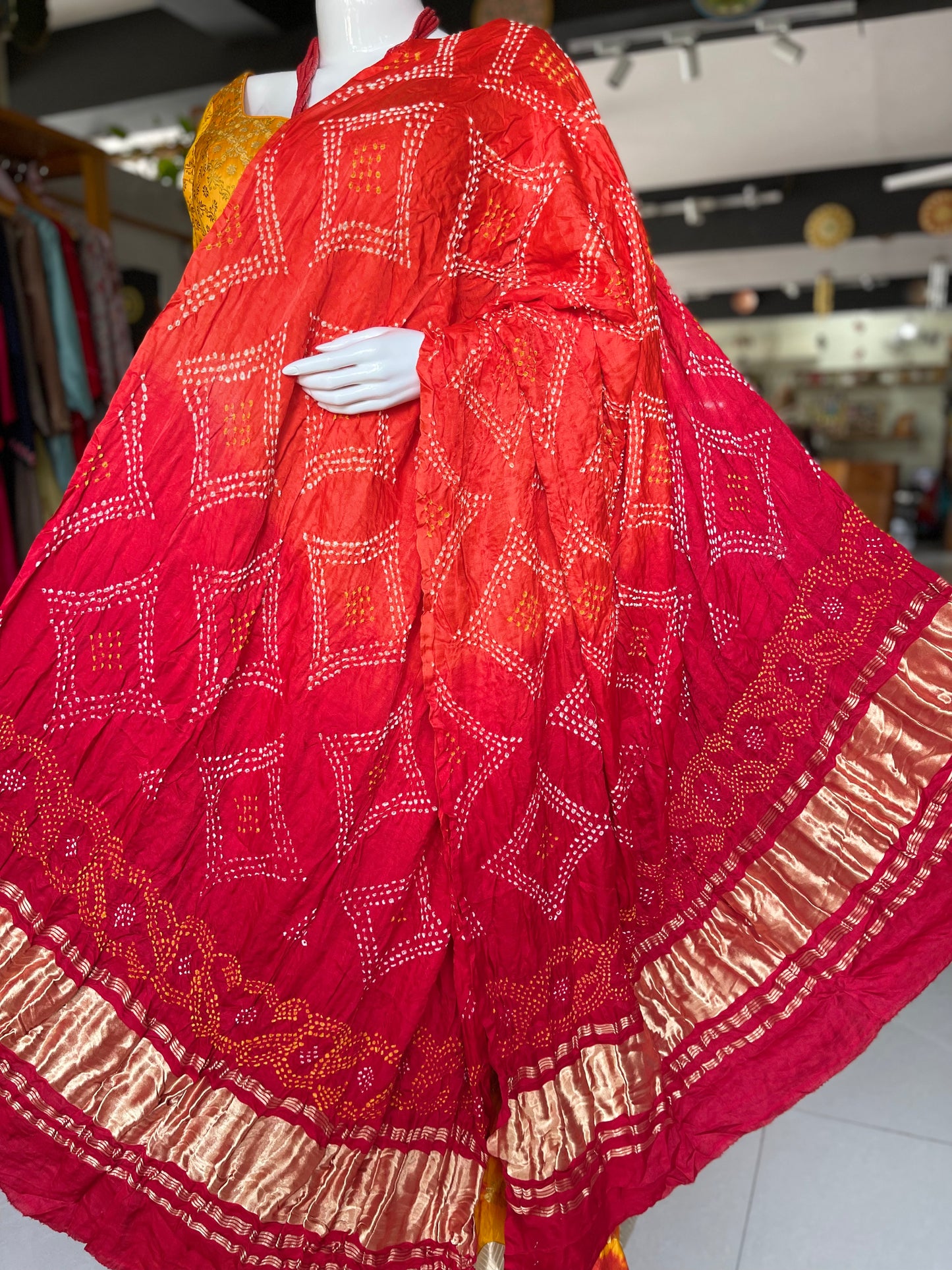 Red and orange bandini tie dye gajji silk dupatta with tissue palla