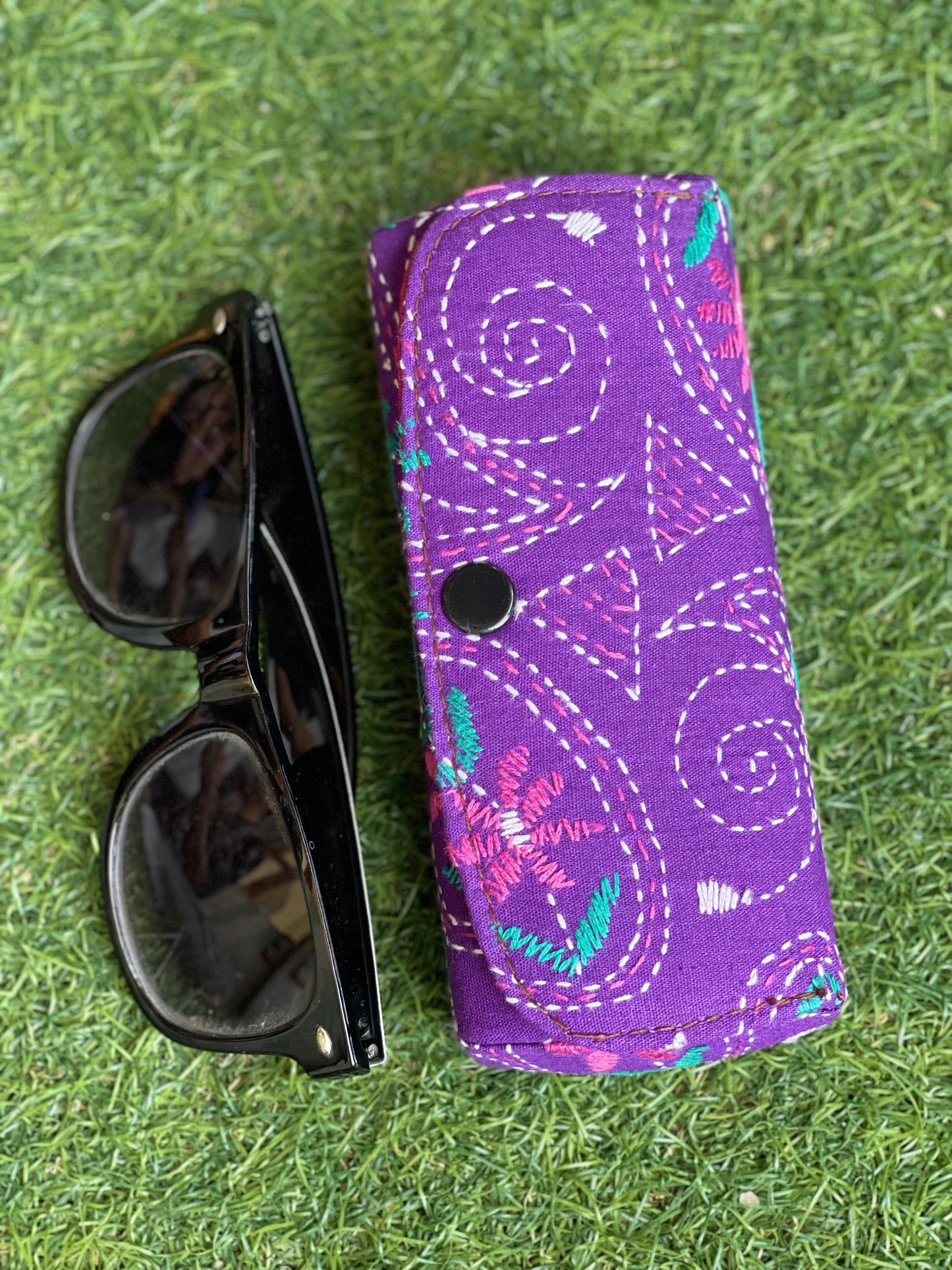 Spectacles case - cotton kantha embroidery - purple