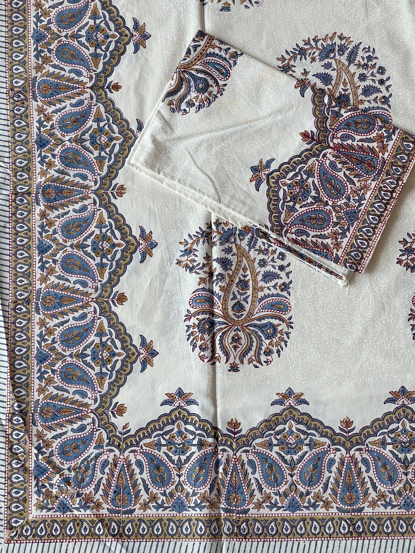 Paisley khadi print with zigzag border hand block print single 60 x 90 inches size Bedsheet with one pillow cover
