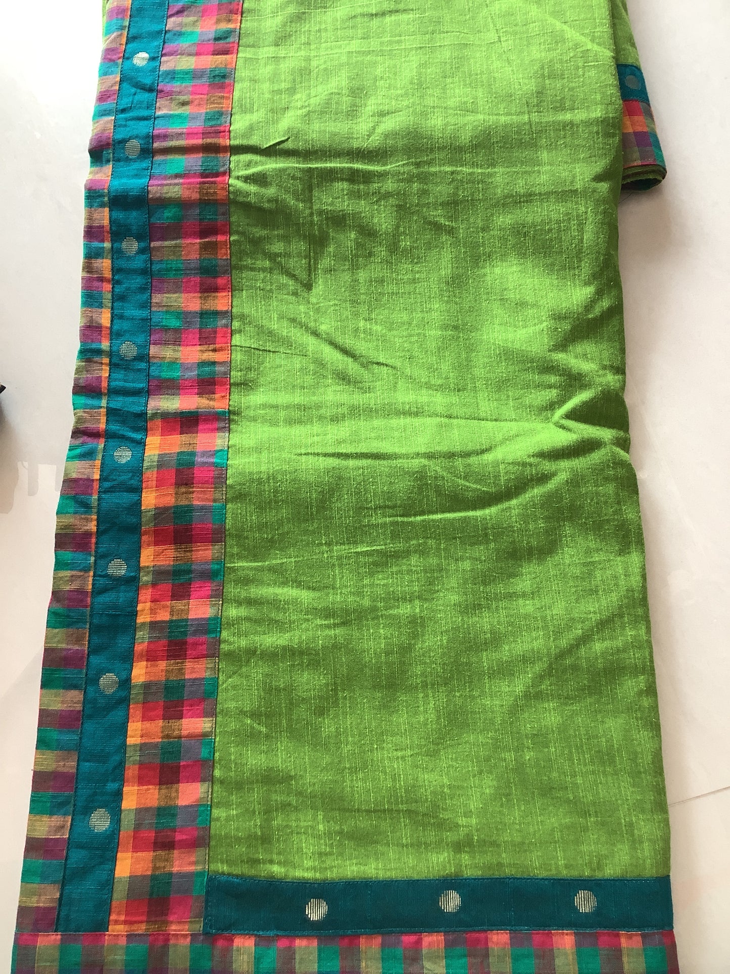 Green cotton with checks patch border saree