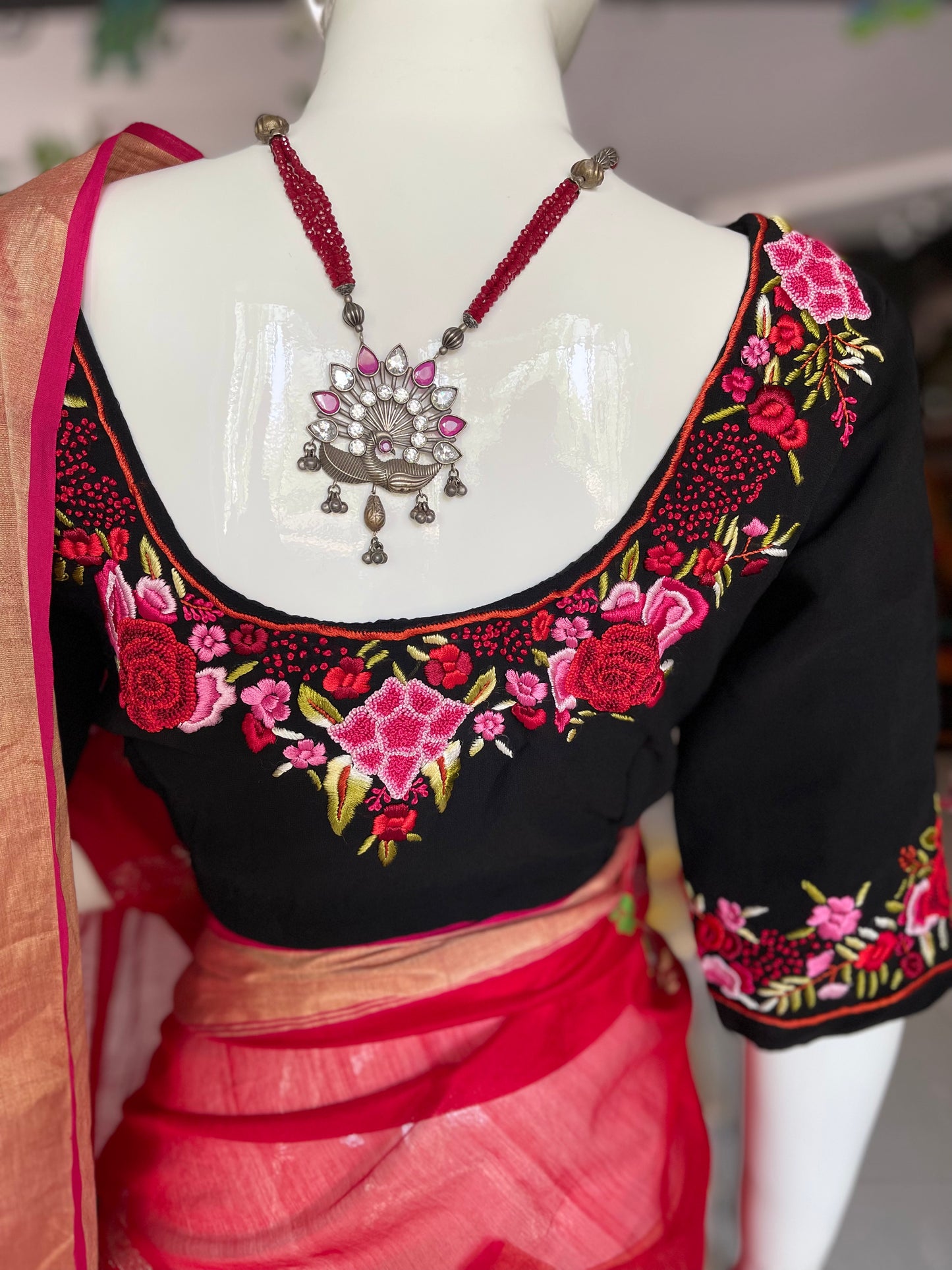 Black georgette blouse with french knot and parsi hand embroidery