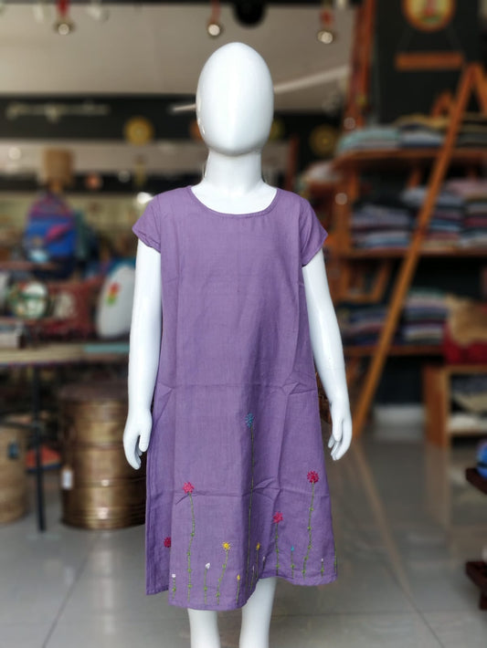 Lilac organic cotton natural dyed frock for girls with floral embroidery