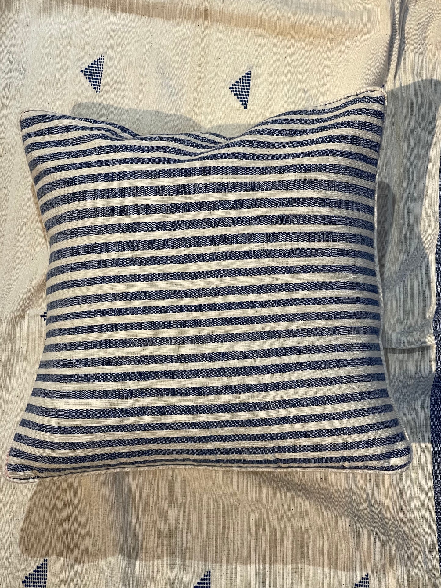 White n blue stripes handspun handwoven cotton cushion cover