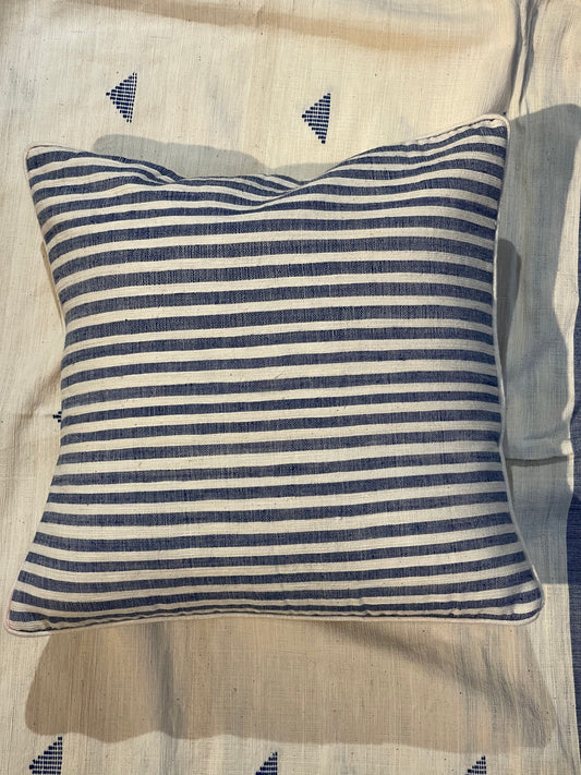 White n blue stripes handspun handwoven cotton cushion cover